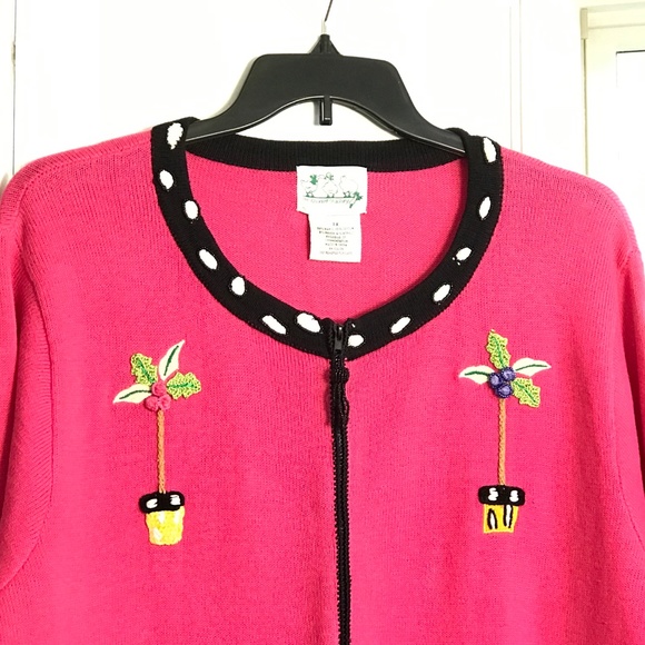 QUACKER FACTORY Zip Cardigan Sweater Whimsical Palm Tree Pink Women’s Size 1X 2X - Picture 2 of 16